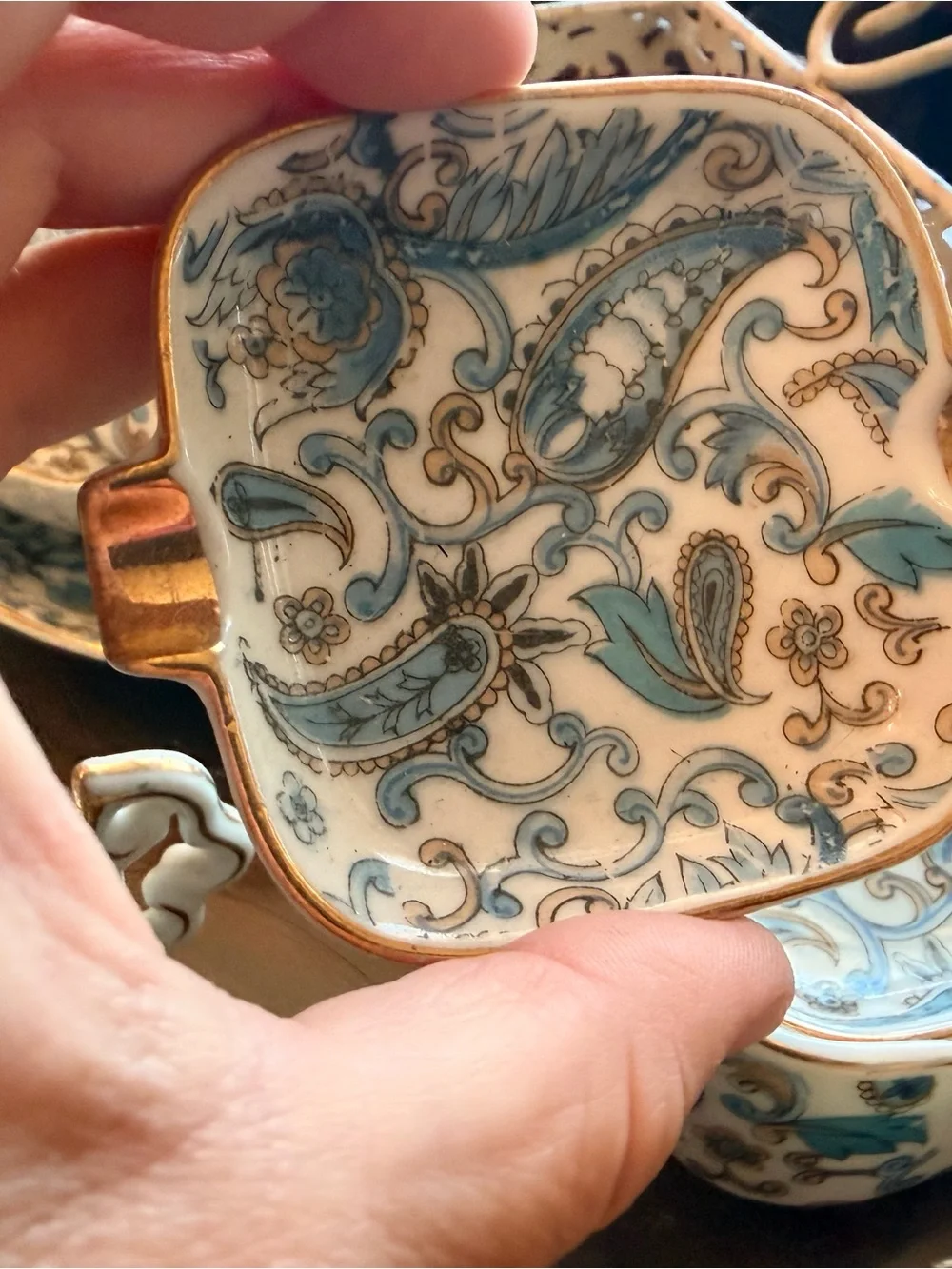 Lefton China Blue and Gold Porcelain Tea Set - Ashtray - Floral Paisley Pattern